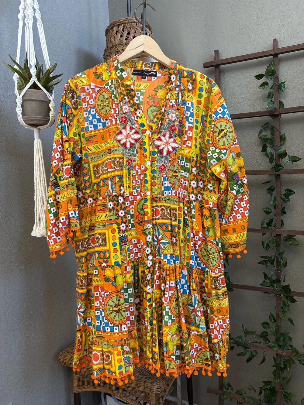 Colori Di Mare Majolica Print Embellished Mini Dress Boho Tassel Hem Tunic - Picture 4 of 13